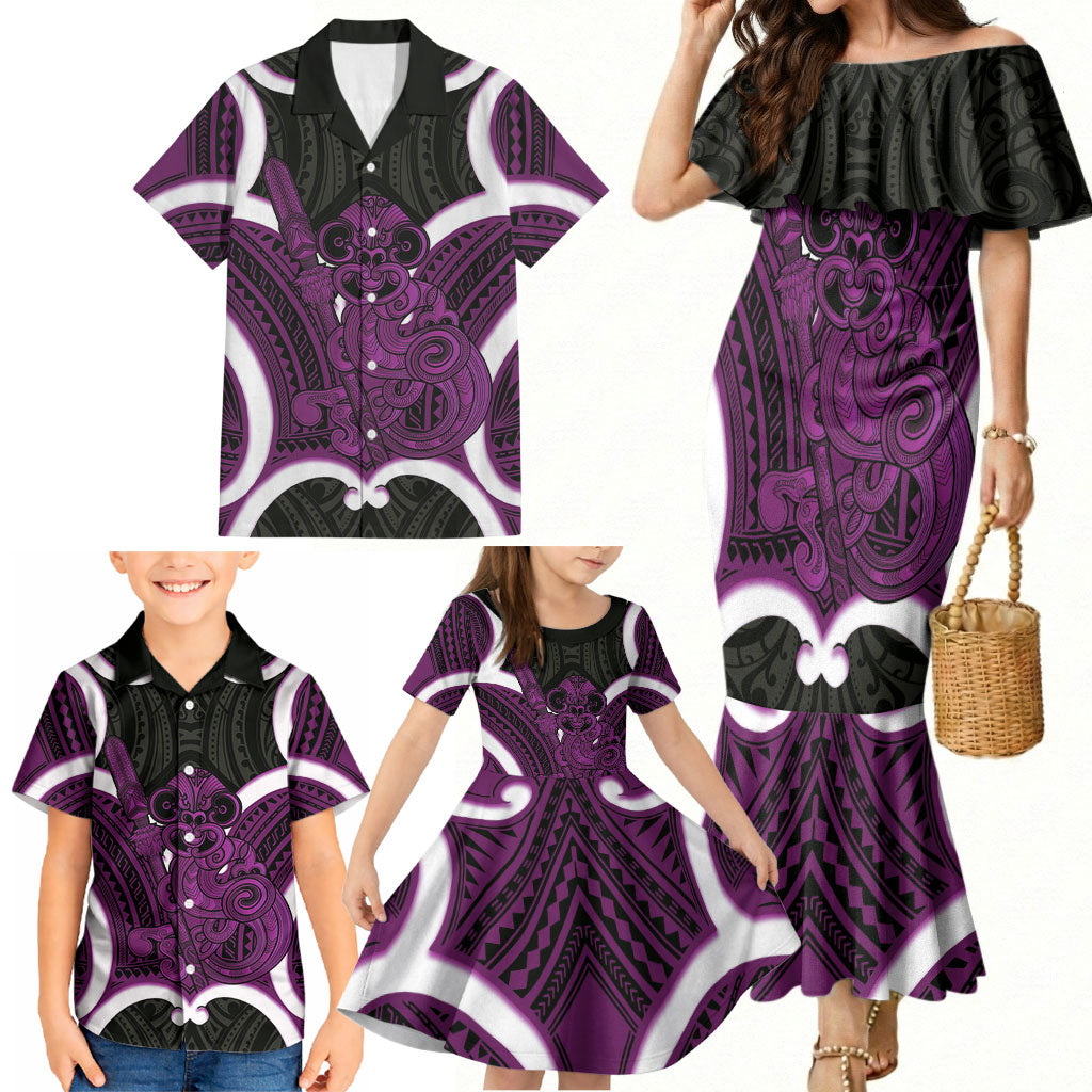 Waiporoporo Aotearoa Atua Tumatauenga Personalised Family Matching Mermaid Dress and Hawaiian Shirt Maori God Of War Tiki With Taiaha