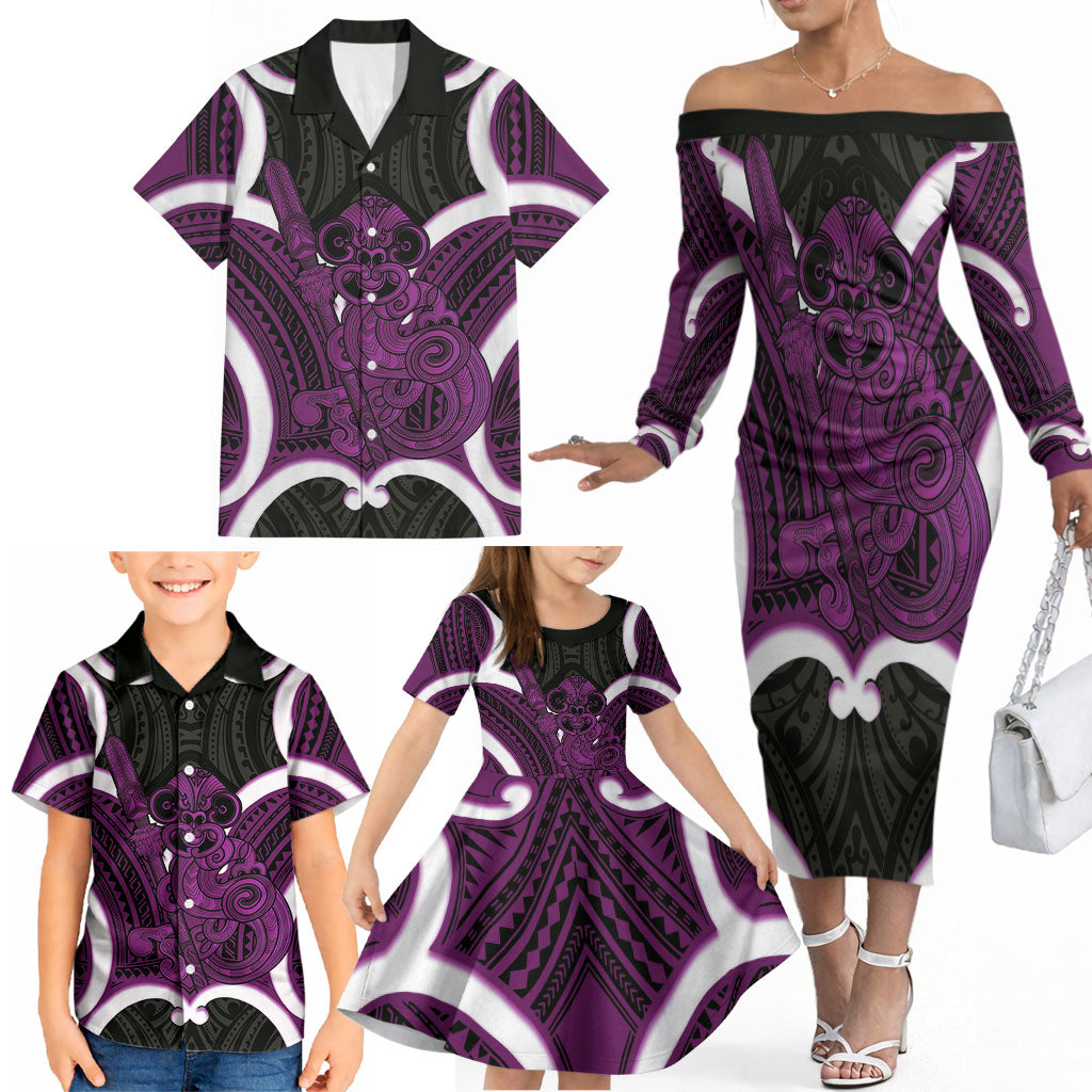 Waiporoporo Aotearoa Atua Tumatauenga Personalised Family Matching Off The Shoulder Long Sleeve Dress and Hawaiian Shirt Maori God Of War Tiki With Taiaha