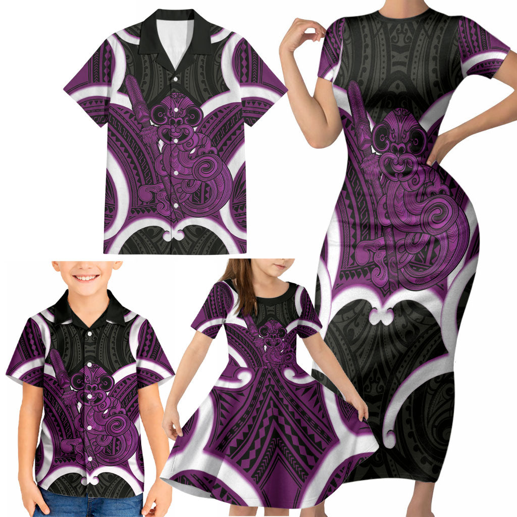 Waiporoporo Aotearoa Atua Tumatauenga Personalised Family Matching Short Sleeve Bodycon Dress and Hawaiian Shirt Maori God Of War Tiki With Taiaha