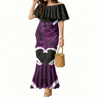 Waiporoporo Aotearoa Atua Tumatauenga Personalised Mermaid Dress Maori God Of War Tiki With Taiaha LT14 Women Purple - Polynesian Pride