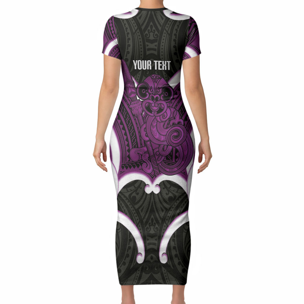 Waiporoporo Aotearoa Atua Tumatauenga Personalised Short Sleeve Bodycon Dress Maori God Of War Tiki With Taiaha LT14 - Polynesian Pride