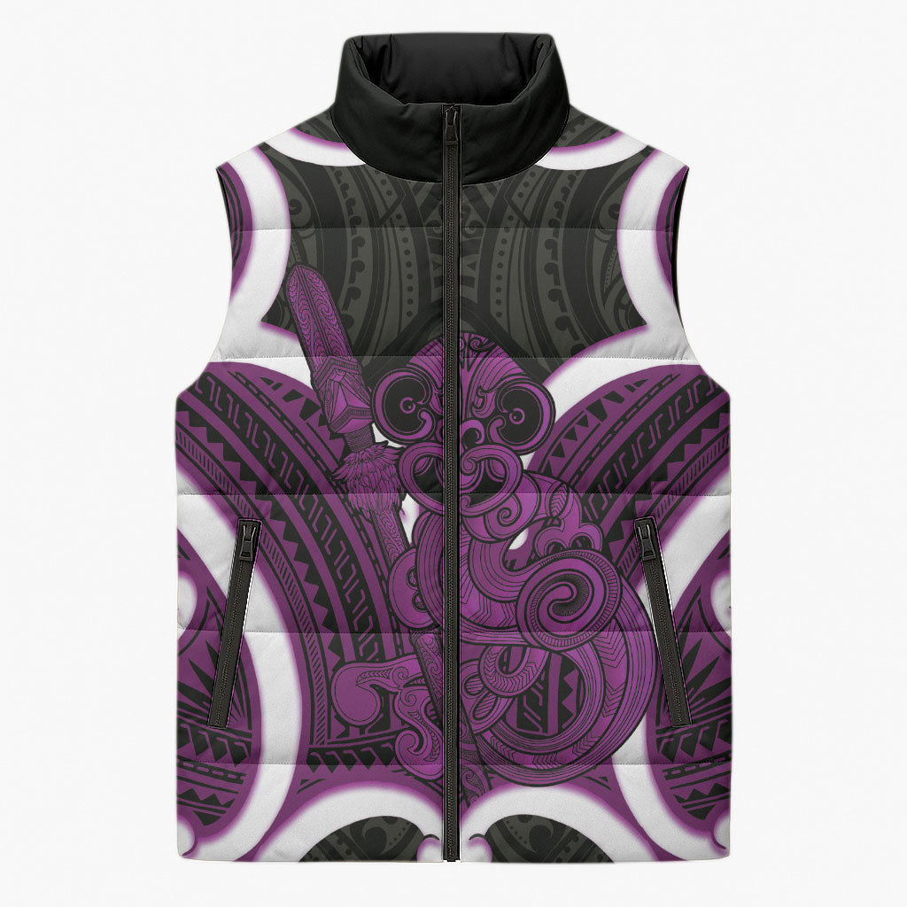Waiporoporo Aotearoa Atua Tumatauenga Personalised Sleeveless Puffer Jacket Maori God Of War Tiki With Taiaha