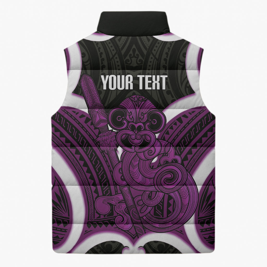 Waiporoporo Aotearoa Atua Tumatauenga Personalised Sleeveless Puffer Jacket Maori God Of War Tiki With Taiaha