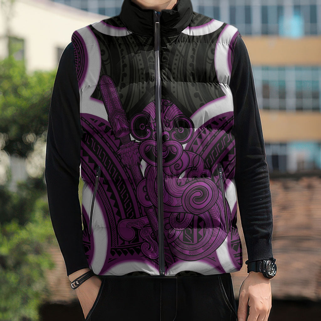 Waiporoporo Aotearoa Atua Tumatauenga Personalised Sleeveless Puffer Jacket Maori God Of War Tiki With Taiaha