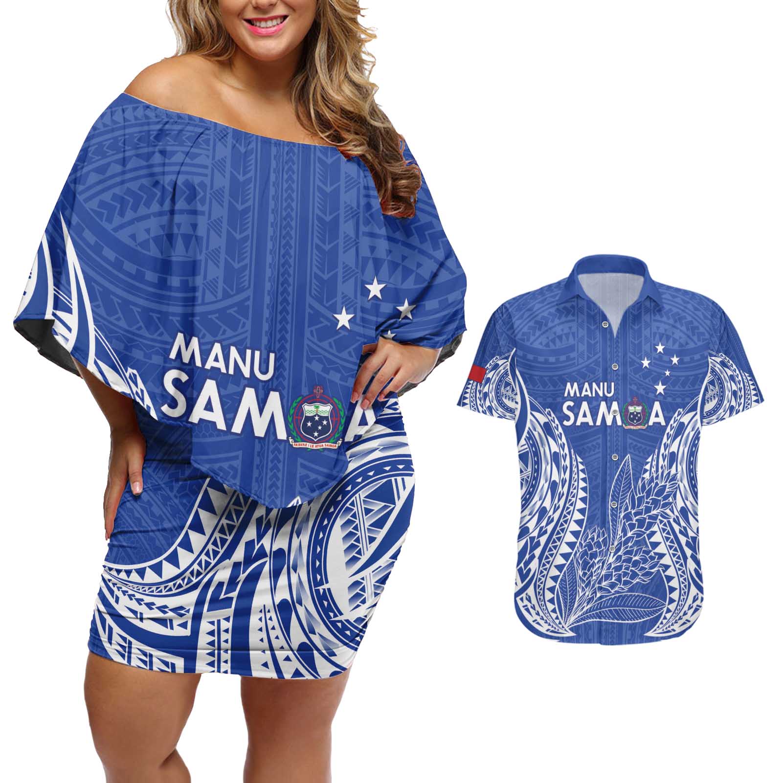 Custom Manu Samoa Rugby 2024 Couples Matching Off Shoulder Short Dress and Hawaiian Shirt Go Champions Samoan Tattoo