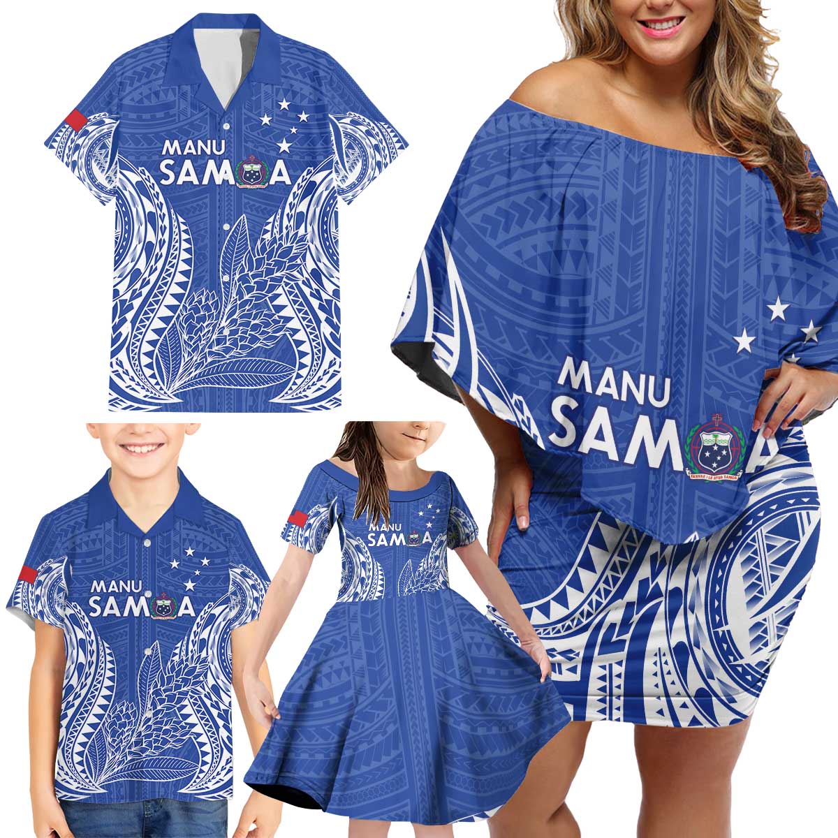 Custom Manu Samoa Rugby 2024 Family Matching Off Shoulder Short Dress and Hawaiian Shirt Go Champions Samoan Tattoo