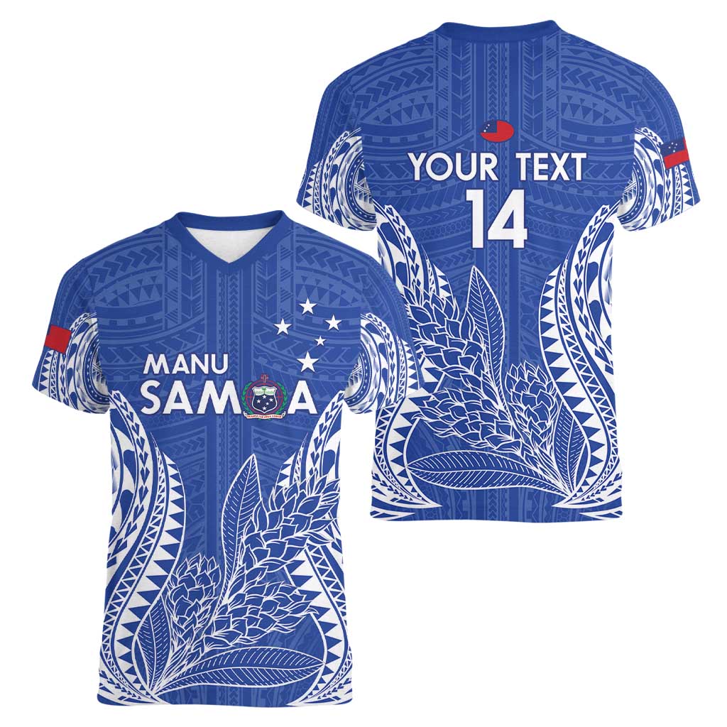 Custom Manu Samoa Rugby 2024 Women V-Neck T-Shirt Go Champions Samoan Tattoo