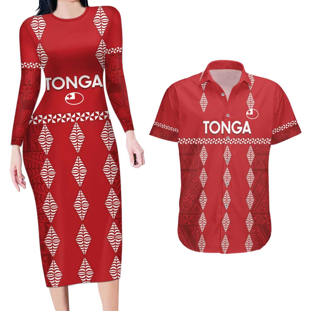 Custom Tonga Rugby 2024 Couples Matching Long Sleeve Bodycon Dress and Hawaiian Shirt Go Champions Ikale Tahi Ngatu Pattern