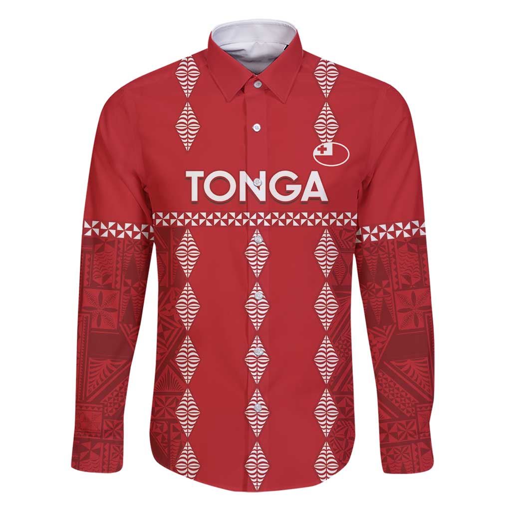 Custom Tonga Rugby 2024 Family Matching Mermaid Dress and Hawaiian Shirt Go Champions Ikale Tahi Ngatu Pattern LT14 Dad's Shirt - Long Sleeve Red - Polynesian Pride