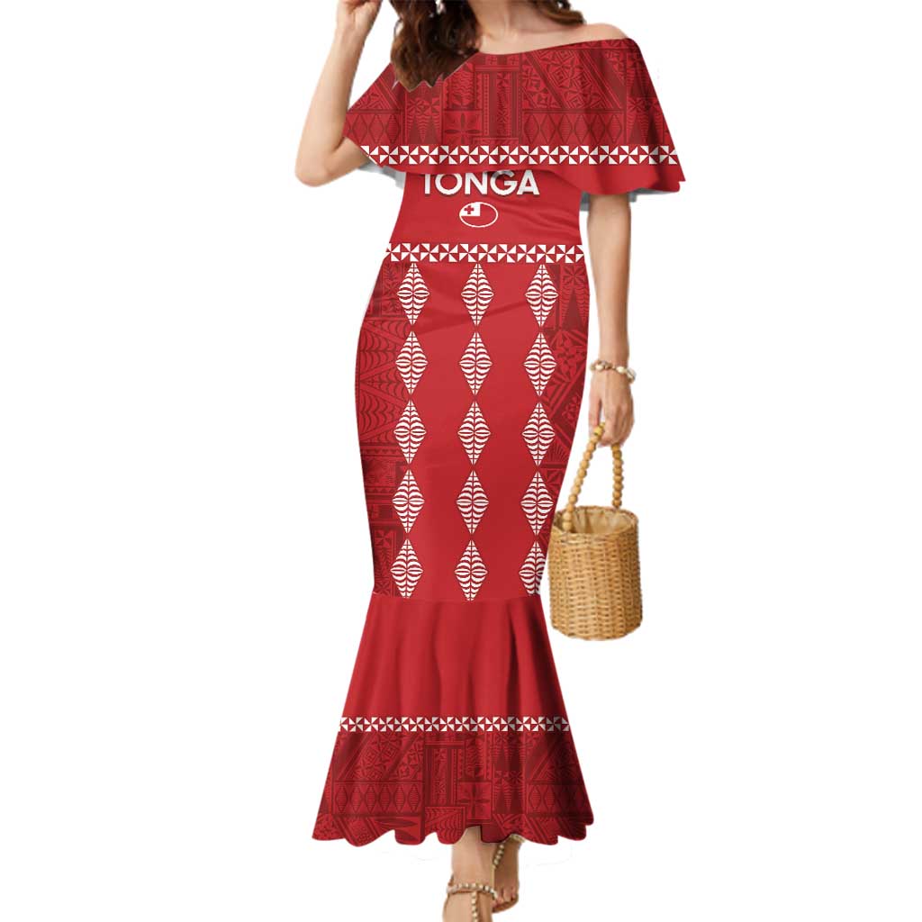 Custom Tonga Rugby 2024 Family Matching Mermaid Dress and Hawaiian Shirt Go Champions Ikale Tahi Ngatu Pattern LT14 Mom's Dress Red - Polynesian Pride