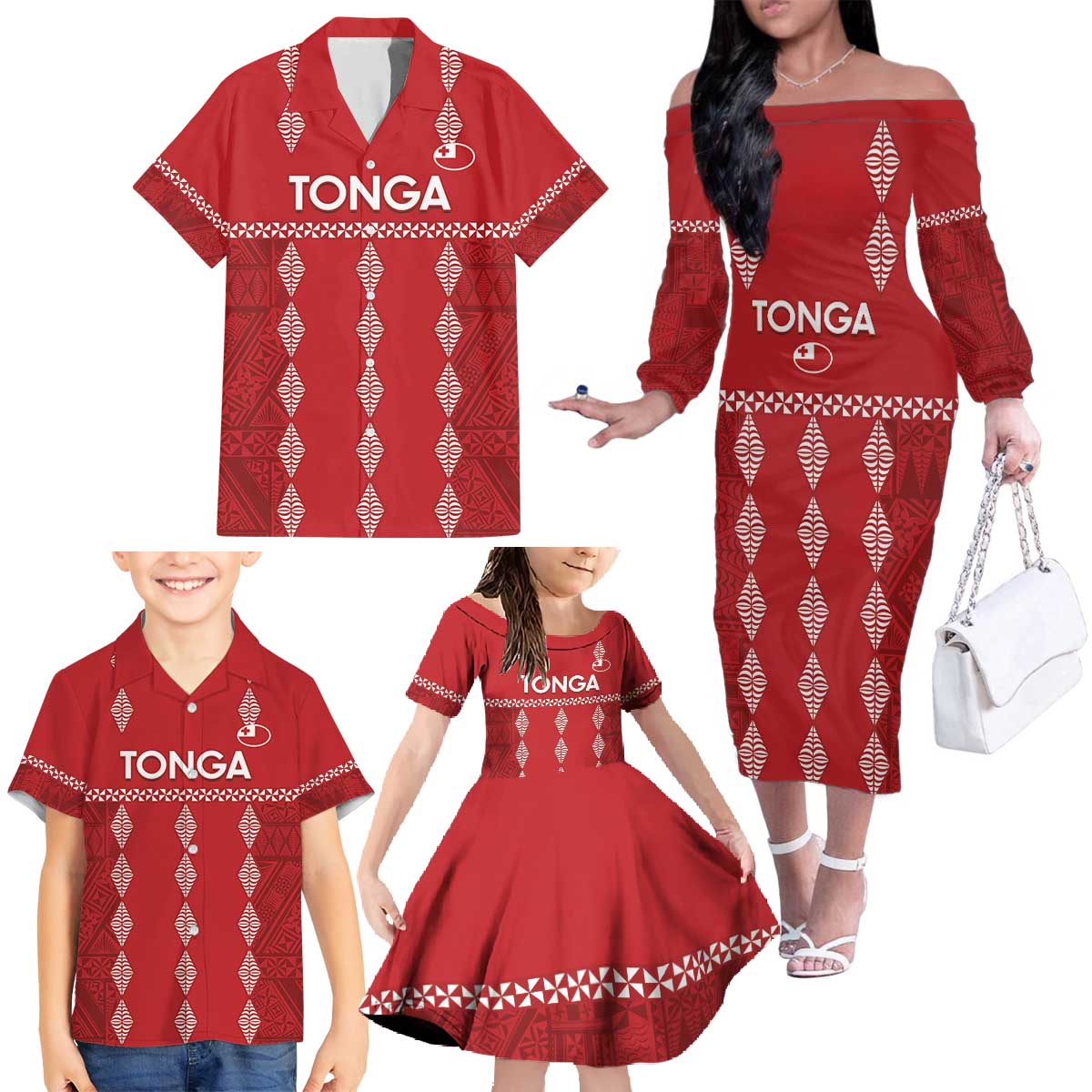 Custom Tonga Rugby 2024 Family Matching Off The Shoulder Long Sleeve Dress and Hawaiian Shirt Go Champions Ikale Tahi Ngatu Pattern