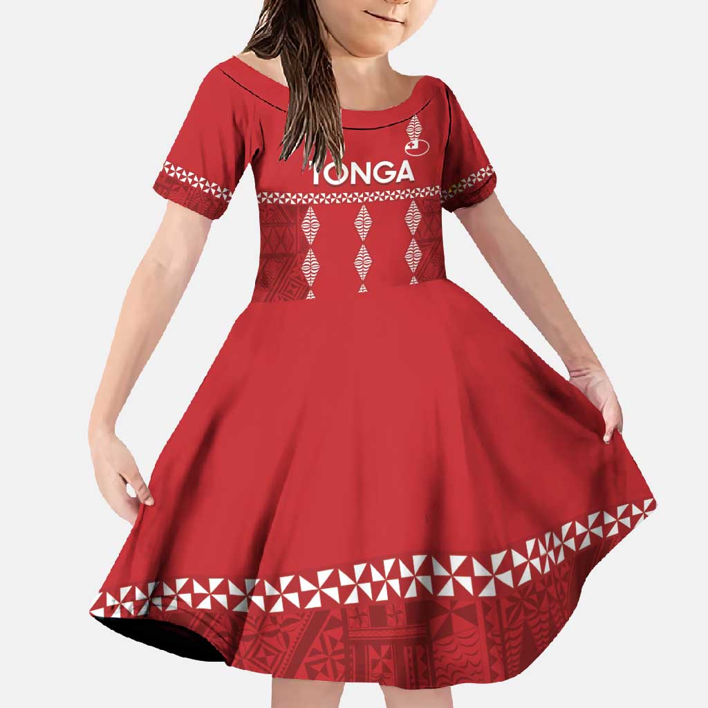 Custom Tonga Rugby 2024 Family Matching Short Sleeve Bodycon Dress and Hawaiian Shirt Go Champions Ikale Tahi Ngatu Pattern LT14 Daughter's Dress Red - Polynesian Pride