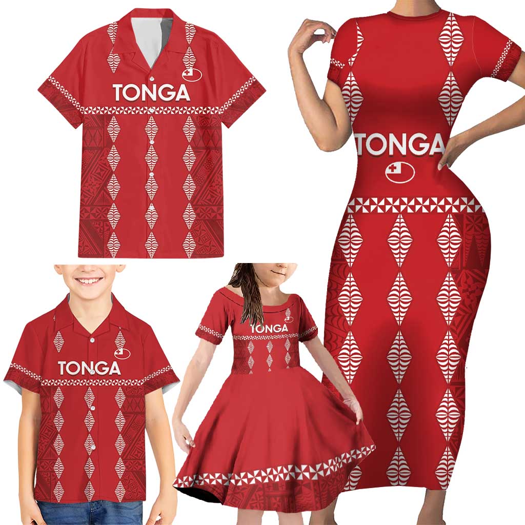 Custom Tonga Rugby 2024 Family Matching Short Sleeve Bodycon Dress and Hawaiian Shirt Go Champions Ikale Tahi Ngatu Pattern LT14 - Polynesian Pride