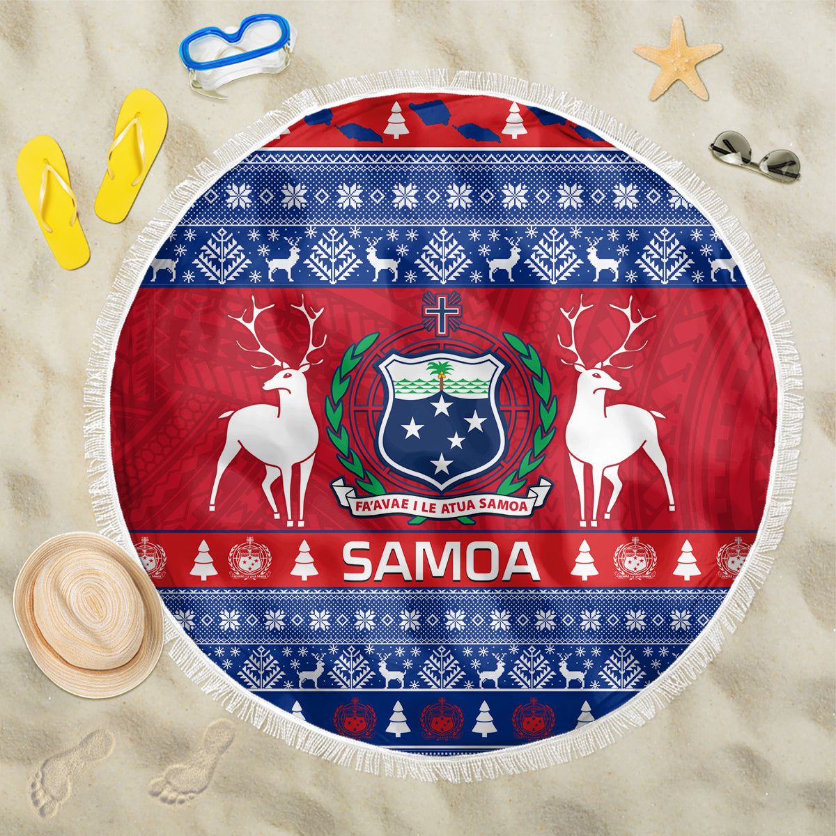 Personalised Samoa Christmas Beach Blanket Samoan Coat Of Arms Manuia Le Kirisimas LT14 One Size 150cm Blue - Wonder Print Shop