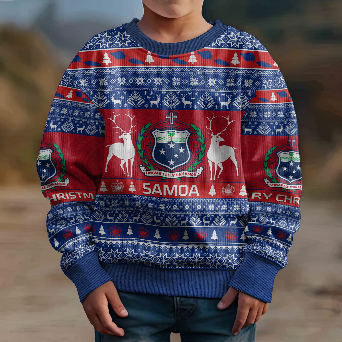 Personalised Samoa Christmas Kid Ugly Christmas Sweater Samoan Coat Of Arms Manuia Le Kirisimas LT14 - Polynesian Pride