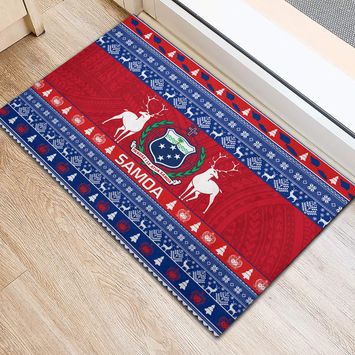 Personalised Samoa Christmas Rubber Doormat Samoan Coat Of Arms Manuia Le Kirisimas LT14 - Polynesian Pride