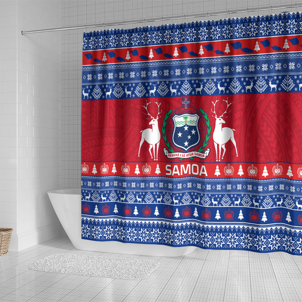 Personalised Samoa Christmas Shower Curtain Samoan Coat Of Arms Manuia Le Kirisimas LT14 - Polynesian Pride