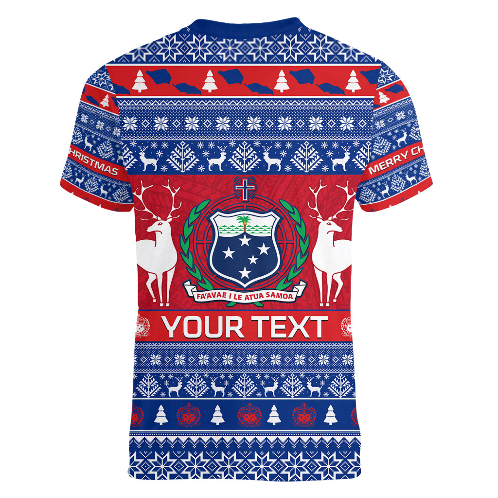 Personalised Samoa Christmas Women V Neck T Shirt Samoan Coat Of Arms Manuia Le Kirisimas LT14 - Polynesian Pride