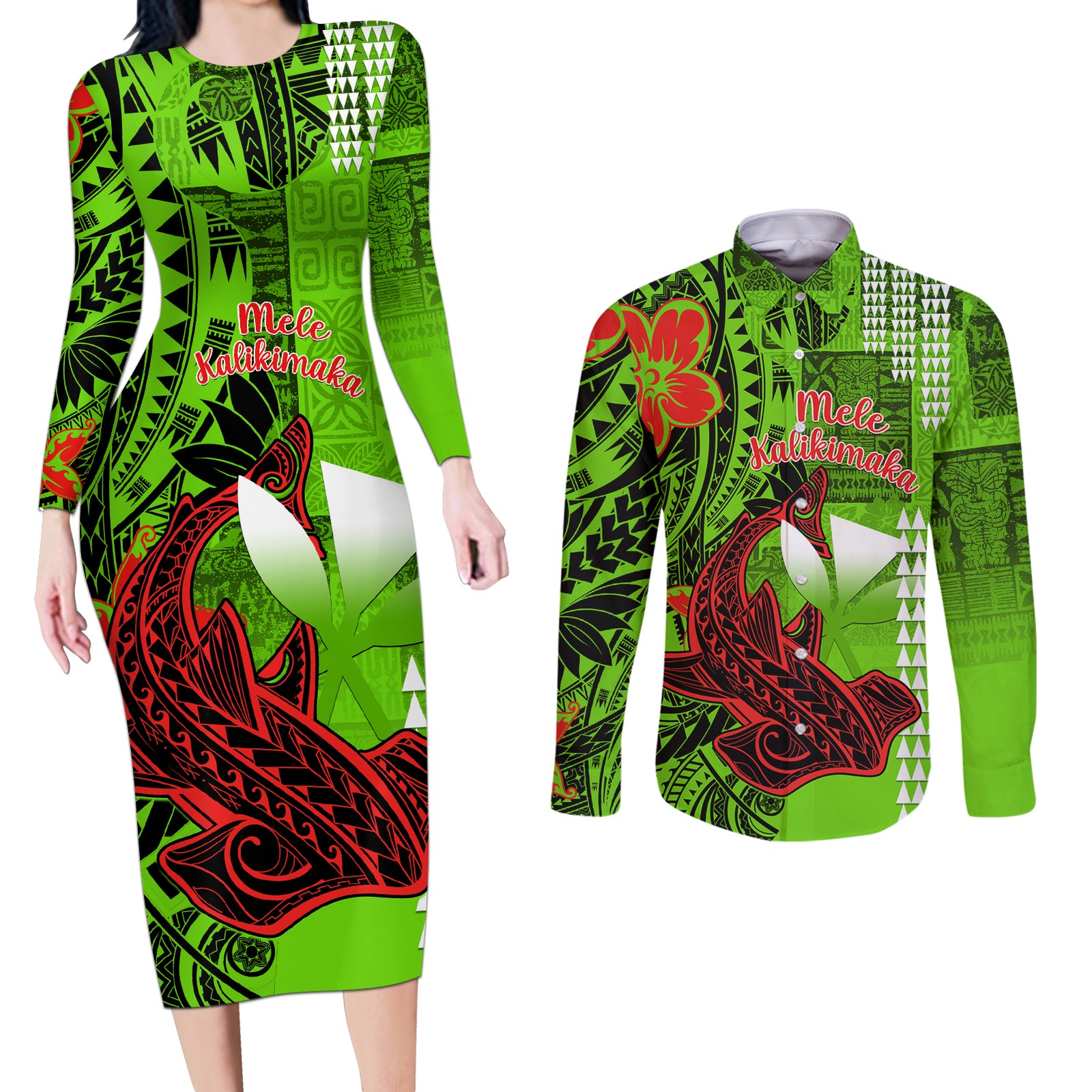 Personalised Hawaii Christmas Couples Matching Long Sleeve Bodycon Dress and Long Sleeve Button Shirts Mele Kalikimaka Kakau Polynesian Shark Tattoo LT14 Green - Polynesian Pride