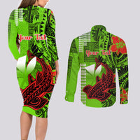 Personalised Hawaii Christmas Couples Matching Long Sleeve Bodycon Dress and Long Sleeve Button Shirts Mele Kalikimaka Kakau Polynesian Shark Tattoo LT14 - Polynesian Pride
