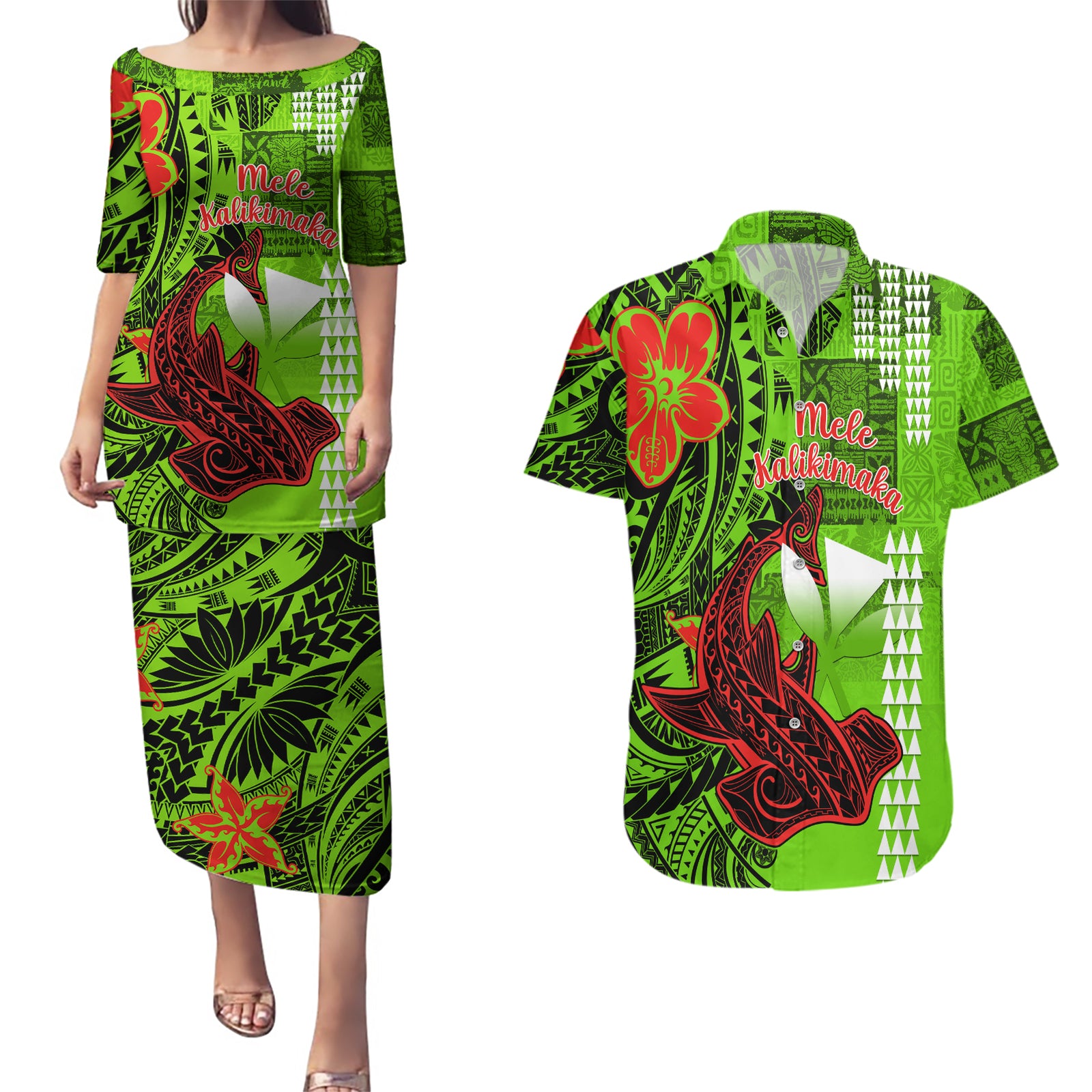Personalised Hawaii Christmas Couples Matching Puletasi Dress and Hawaiian Shirt Mele Kalikimaka Kakau Polynesian Shark Tattoo LT14 Green - Polynesian Pride