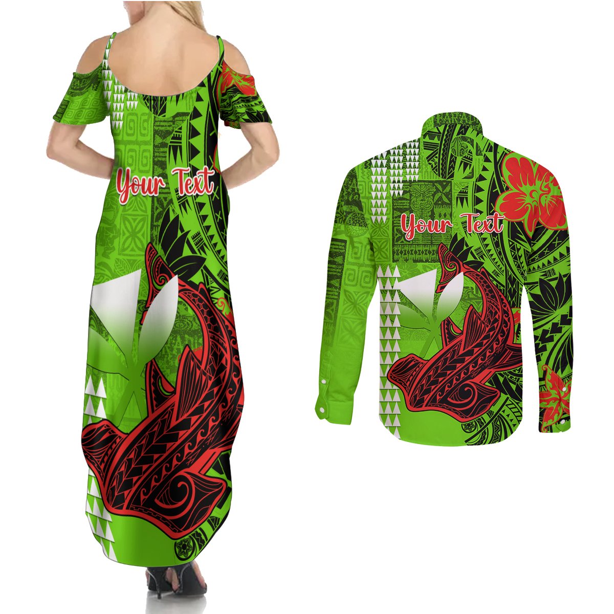 Personalised Hawaii Christmas Couples Matching Summer Maxi Dress and Long Sleeve Button Shirts Mele Kalikimaka Kakau Polynesian Shark Tattoo LT14 - Polynesian Pride