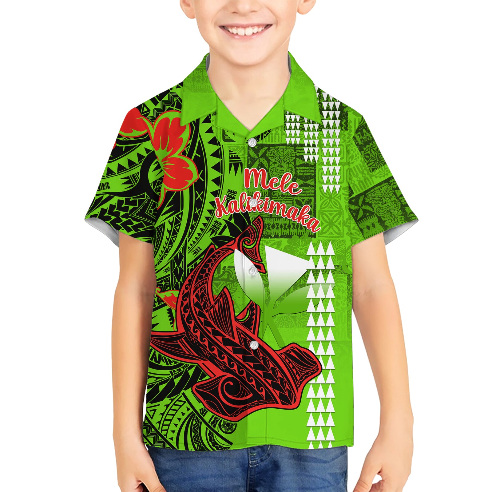 Personalised Hawaii Christmas Kid Hawaiian Shirt Mele Kalikimaka Kakau Polynesian Shark Tattoo LT14 Kid Green - Polynesian Pride
