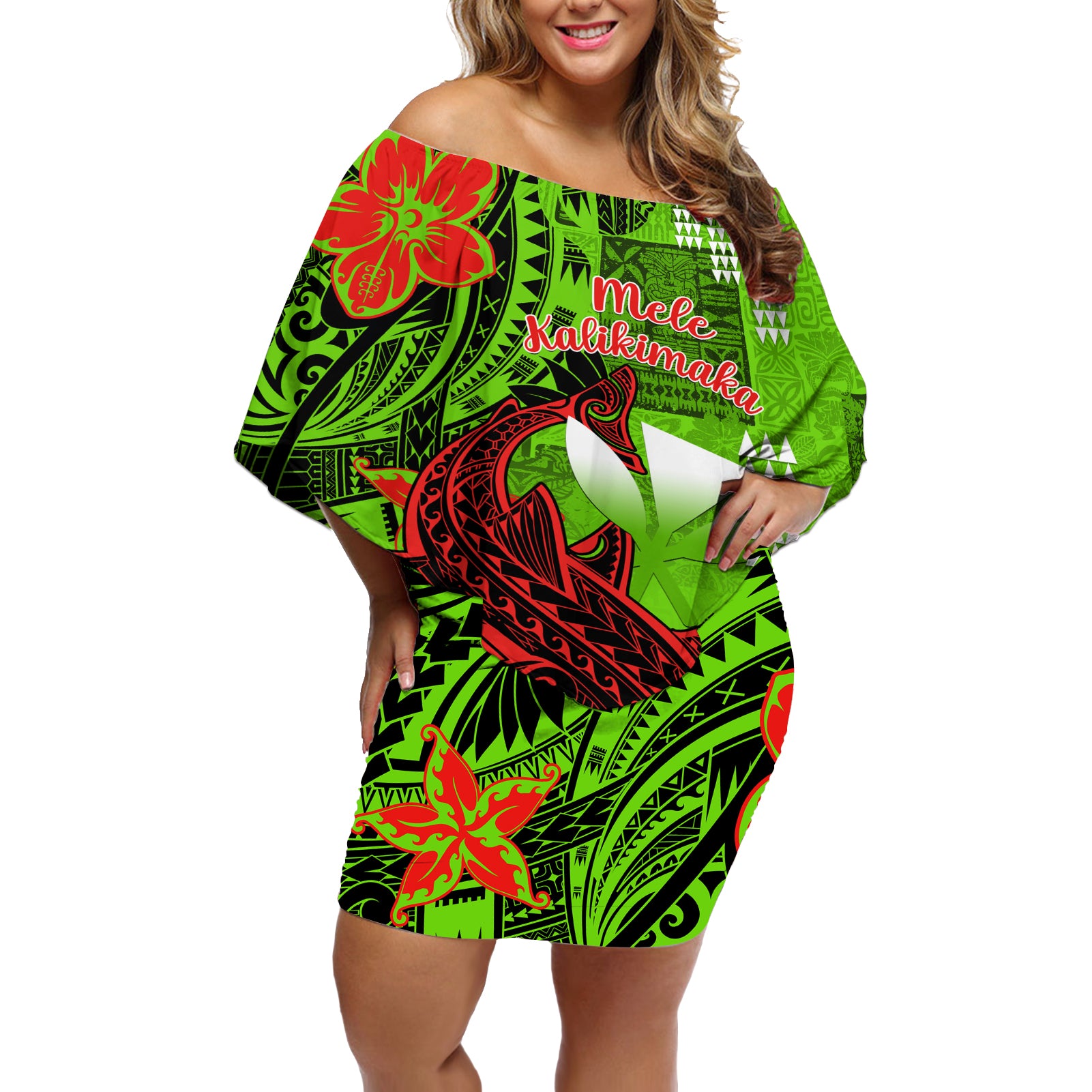 Personalised Hawaii Christmas Off Shoulder Short Dress Mele Kalikimaka Kakau Polynesian Shark Tattoo LT14 Women Green - Polynesian Pride