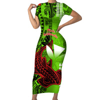 Personalised Hawaii Christmas Short Sleeve Bodycon Dress Mele Kalikimaka Kakau Polynesian Shark Tattoo LT14 Long Dress Green - Polynesian Pride