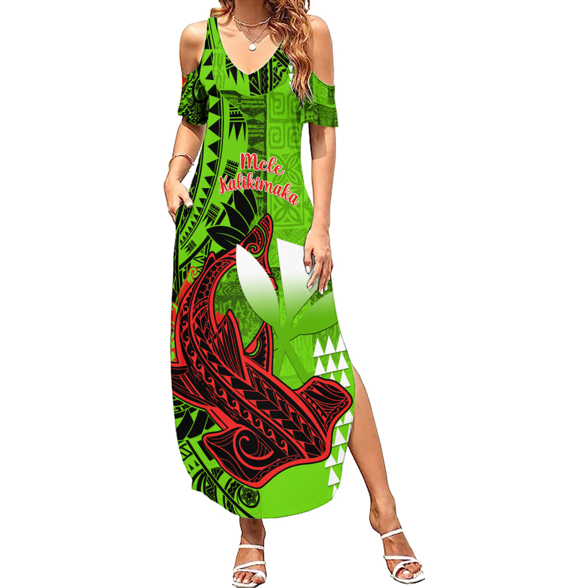 Personalised Hawaii Christmas Summer Maxi Dress Mele Kalikimaka Kakau Polynesian Shark Tattoo LT14 Women Green - Polynesian Pride