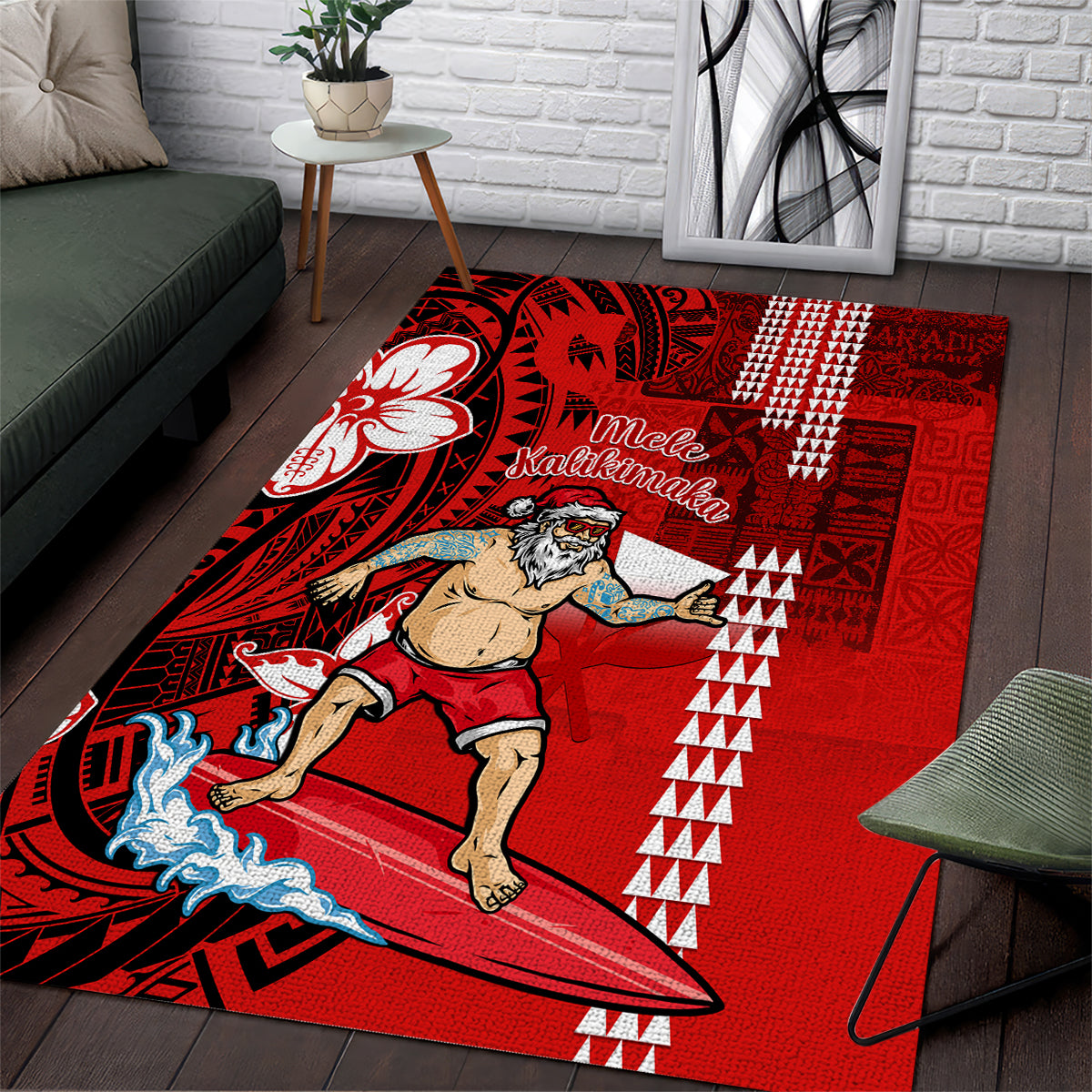 Personalised Hawaii Christmas Area Rug Mele Kalikimaka Surfing Santa Claus LT14 Red - Polynesian Pride