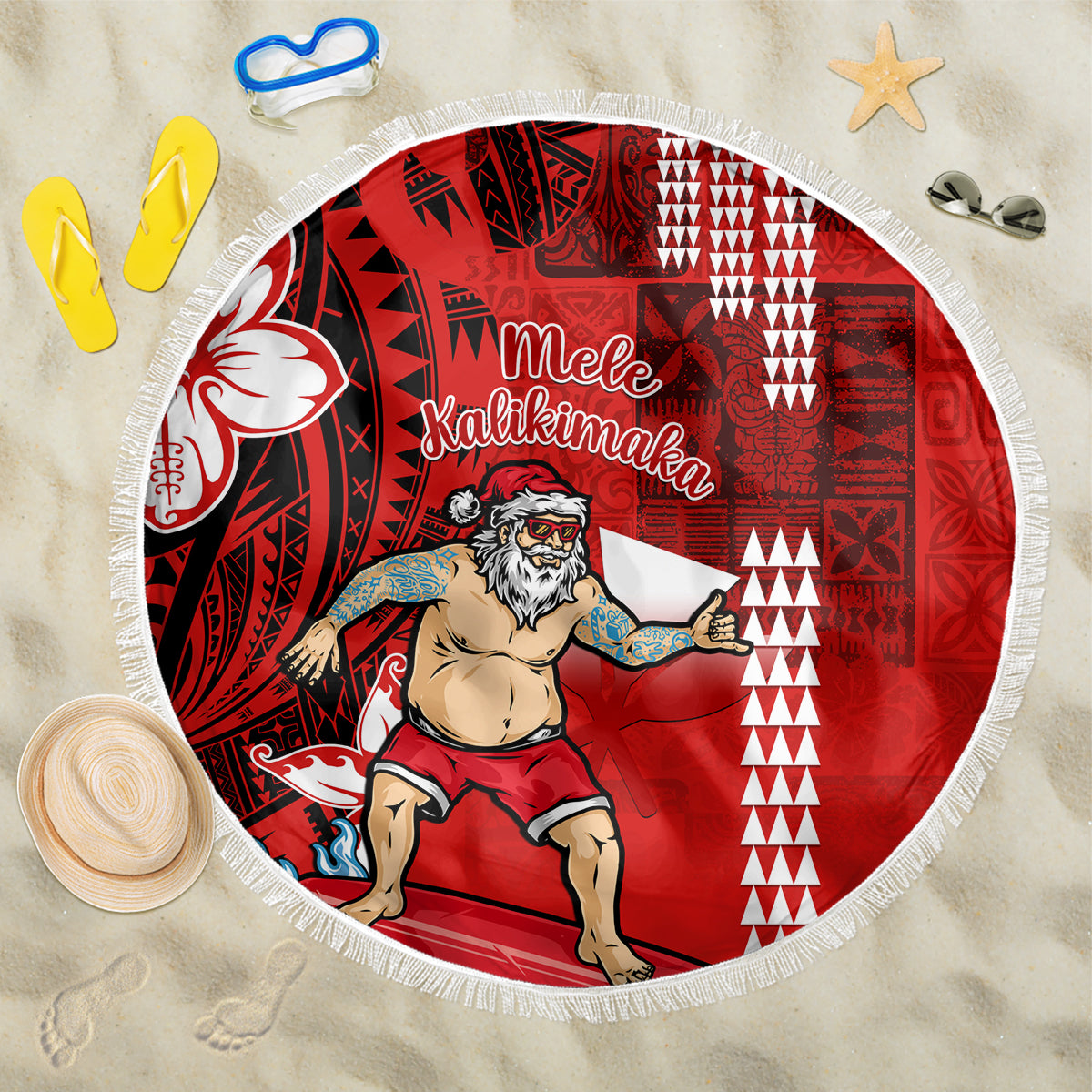 Personalised Hawaii Christmas Beach Blanket Mele Kalikimaka Surfing Santa Claus LT14 One Size 150cm Red - Wonder Print Shop