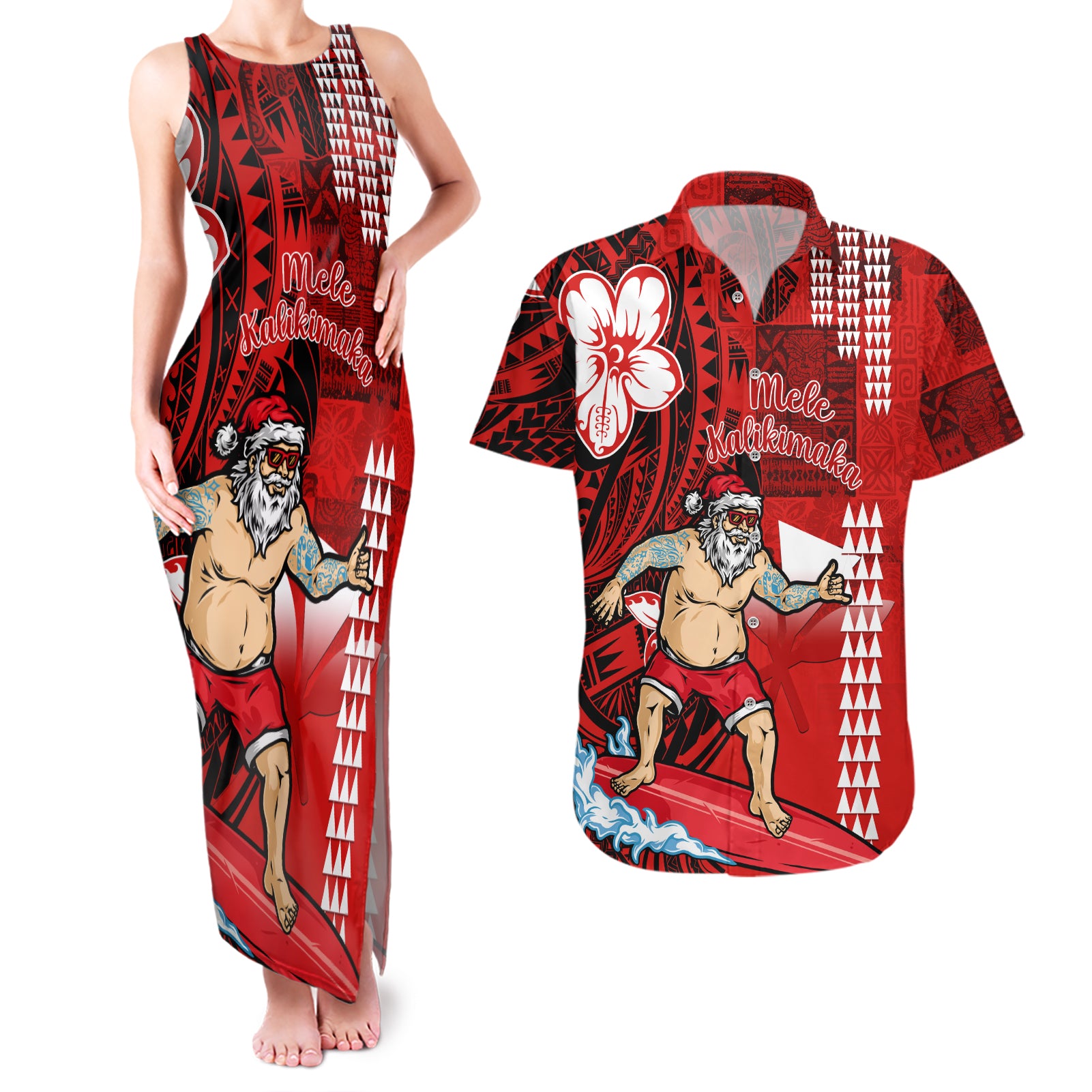 Personalised Hawaii Christmas Couples Matching Tank Maxi Dress and Hawaiian Shirt Mele Kalikimaka Surfing Santa Claus LT14 Red - Polynesian Pride