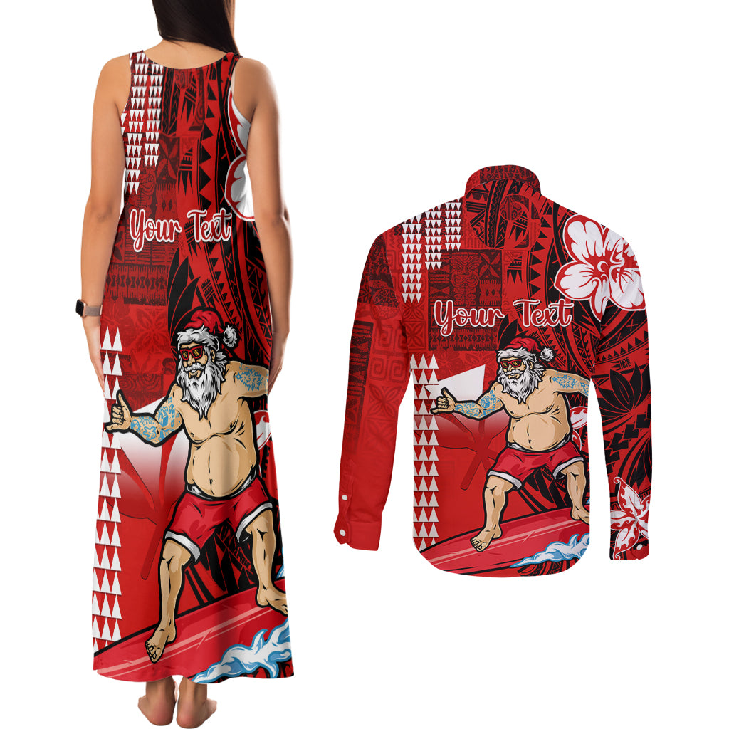 Personalised Hawaii Christmas Couples Matching Tank Maxi Dress and Long Sleeve Button Shirts Mele Kalikimaka Surfing Santa Claus LT14 - Polynesian Pride