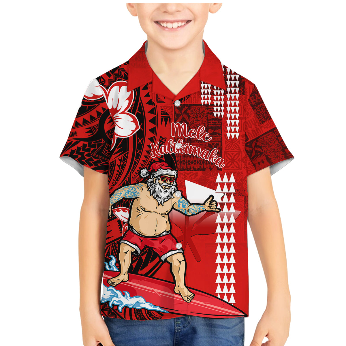 Personalised Hawaii Christmas Family Matching Mermaid Dress and Hawaiian Shirt Mele Kalikimaka Surfing Santa Claus LT14 Son's Shirt Red - Polynesian Pride