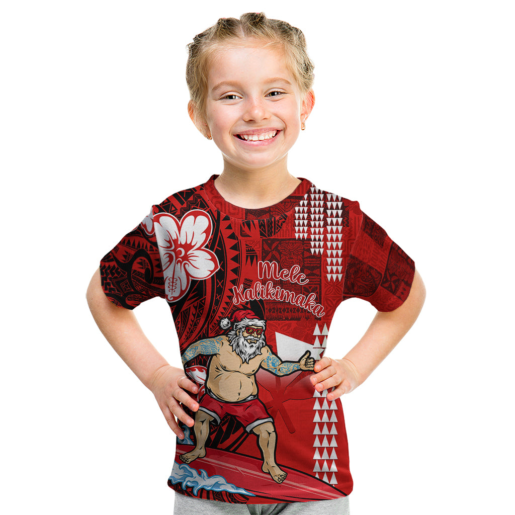 Personalised Hawaii Christmas Kid T Shirt Mele Kalikimaka Surfing Santa Claus LT14 Red - Polynesian Pride