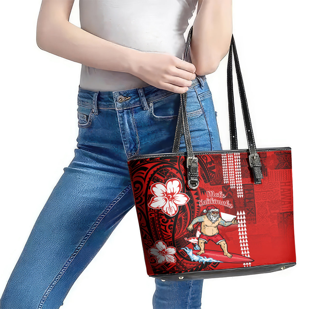 Personalised Hawaii Christmas Leather Tote Bag Mele Kalikimaka Surfing Santa Claus LT14 - Polynesian Pride