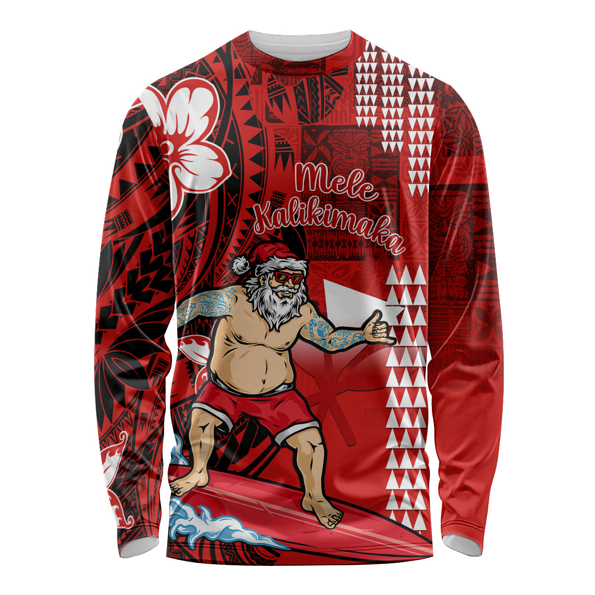 Personalised Hawaii Christmas Long Sleeve Shirt Mele Kalikimaka Surfing Santa Claus LT14 Unisex Red - Polynesian Pride