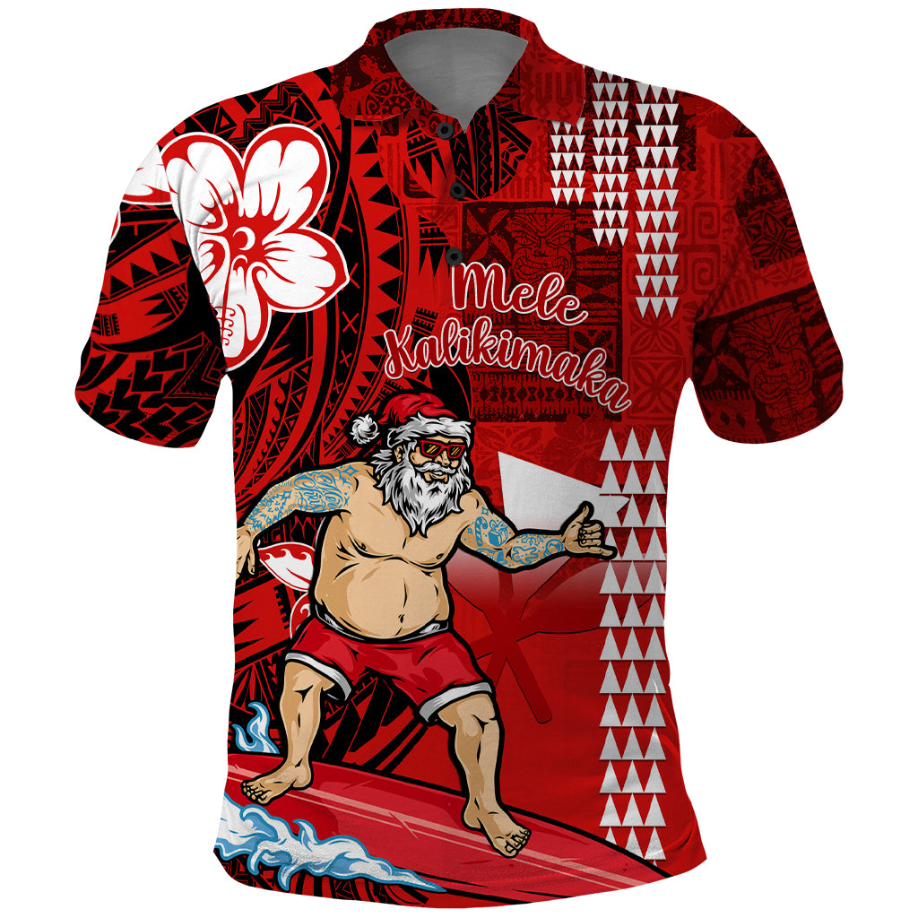 Personalised Hawaii Christmas Polo Shirt Mele Kalikimaka Surfing Santa Claus LT14 Red - Polynesian Pride