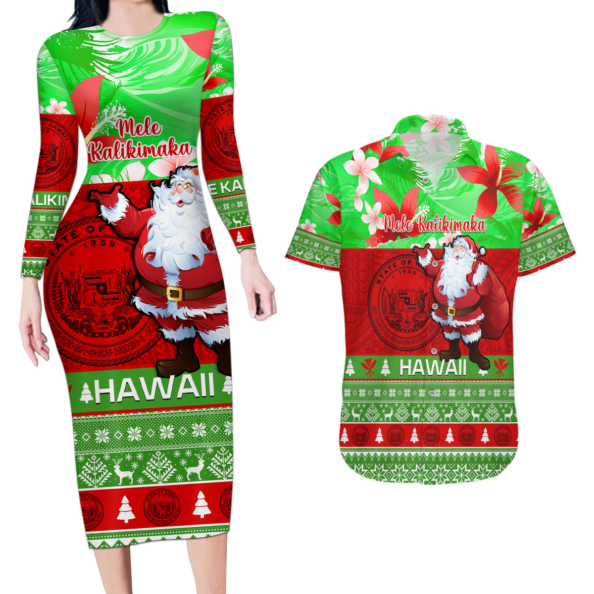 Personalised Hawaii Christmas Couples Matching Long Sleeve Bodycon Dress and Hawaiian Shirt Mele Kalikimaka Hawaiian Santa Tropical Vibes LT14 Red - Polynesian Pride