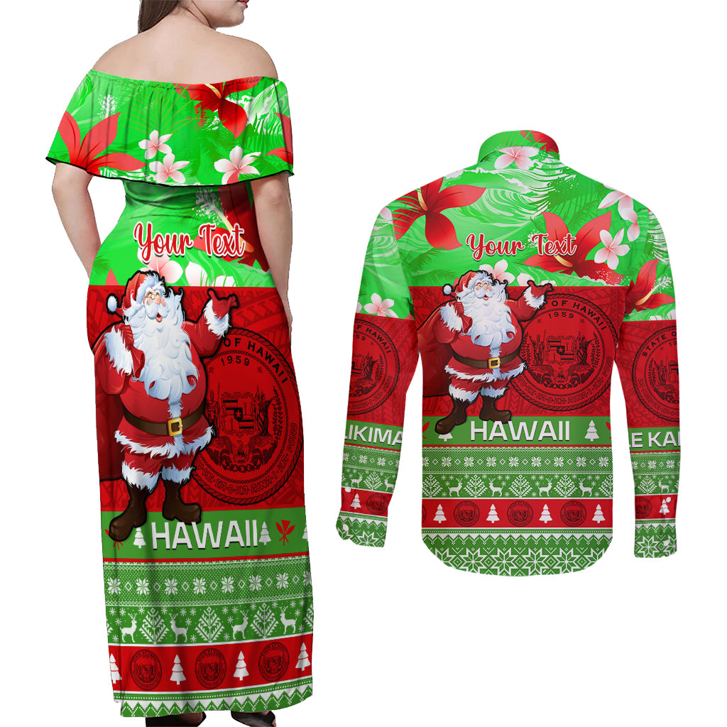 Personalised Hawaii Christmas Couples Matching Off Shoulder Maxi Dress and Long Sleeve Button Shirts Mele Kalikimaka Hawaiian Santa Tropical Vibes LT14 - Polynesian Pride