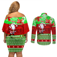 Personalised Hawaii Christmas Couples Matching Off Shoulder Short Dress and Long Sleeve Button Shirts Mele Kalikimaka Hawaiian Santa Tropical Vibes LT14 - Polynesian Pride