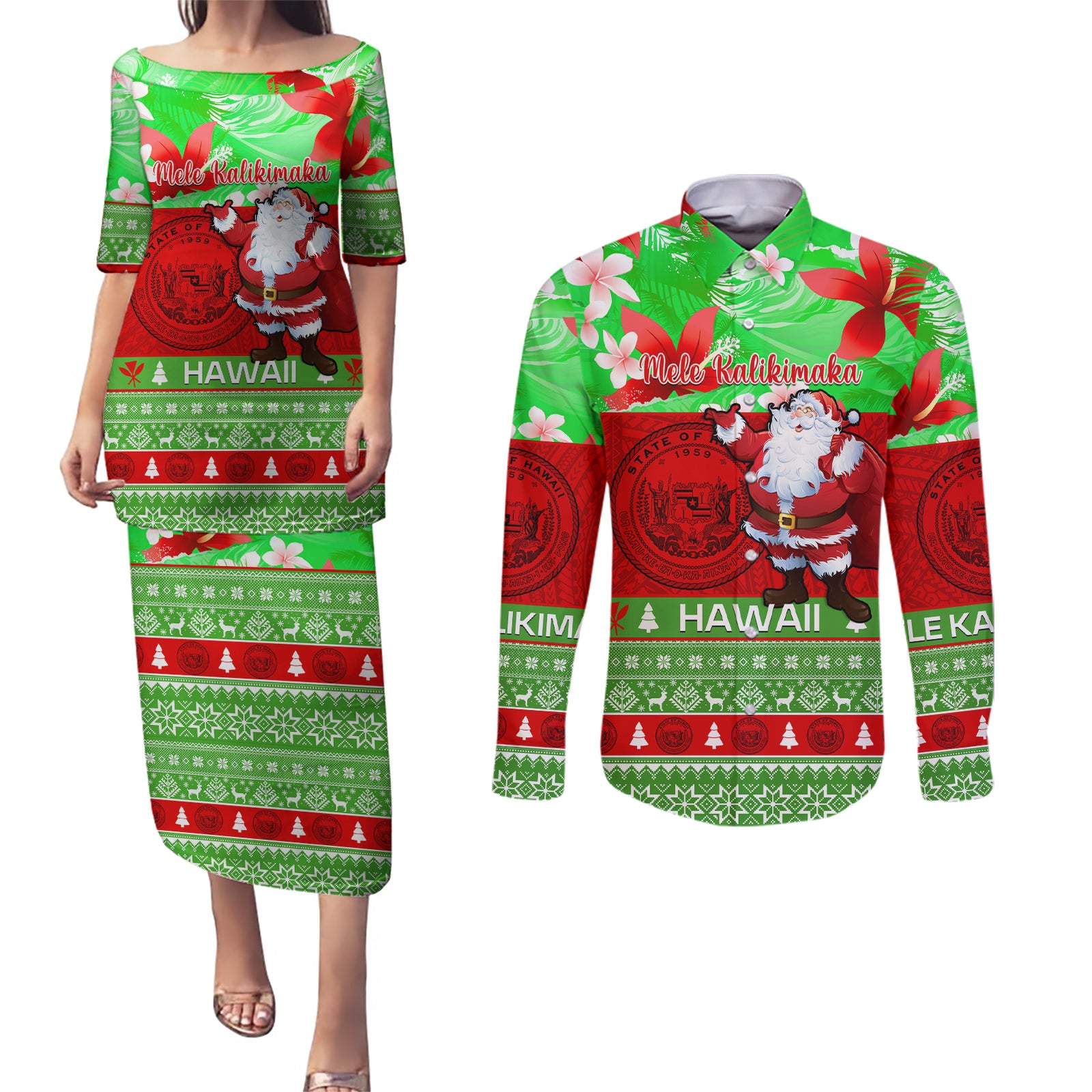 Personalised Hawaii Christmas Couples Matching Puletasi Dress and Long Sleeve Button Shirts Mele Kalikimaka Hawaiian Santa Tropical Vibes LT14 Red - Polynesian Pride