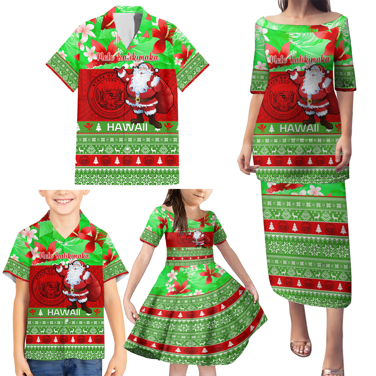 Personalised Hawaii Christmas Family Matching Puletasi Dress and Hawaiian Shirt Mele Kalikimaka Hawaiian Santa Tropical Vibes LT14 - Polynesian Pride
