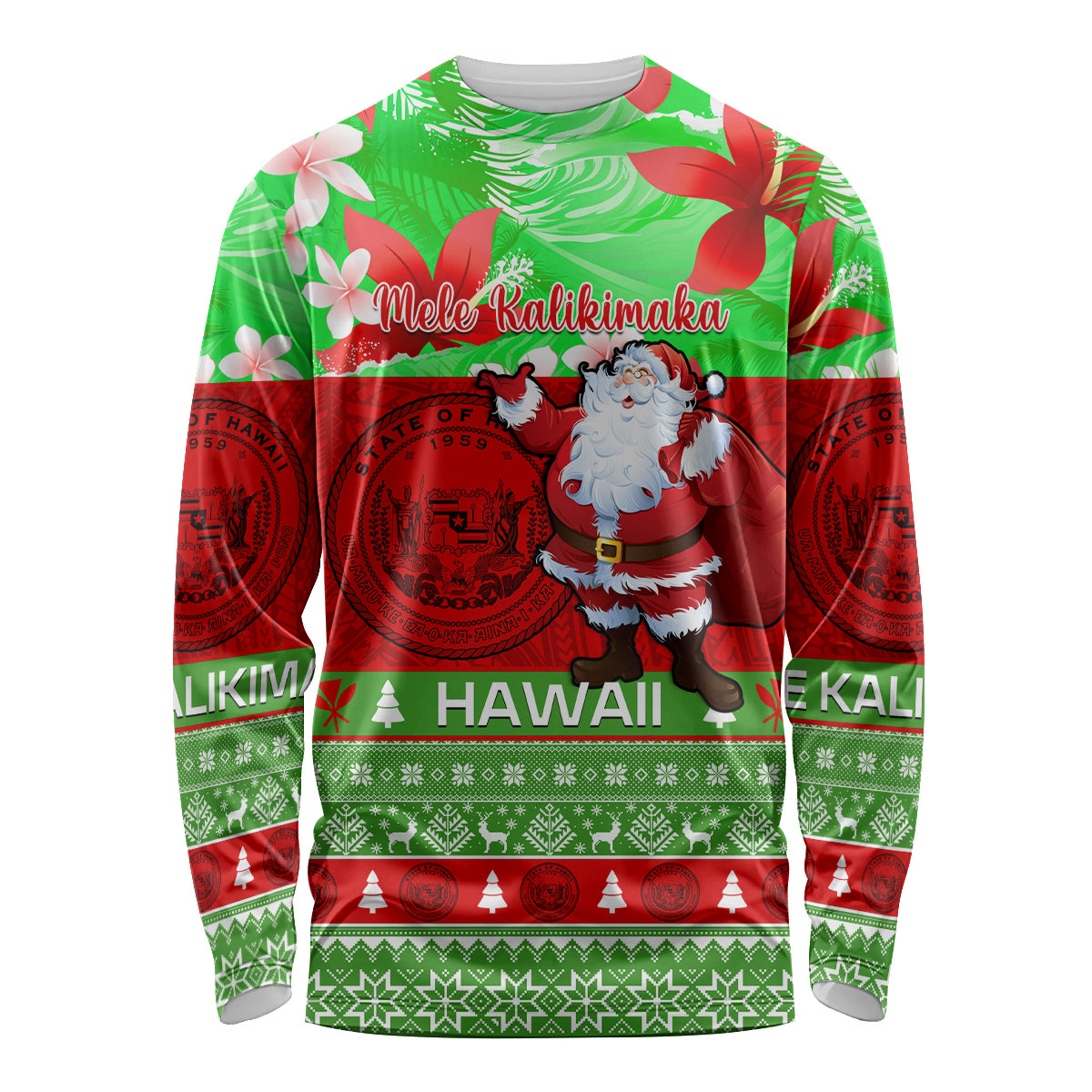 Personalised Hawaii Christmas Long Sleeve Shirt Mele Kalikimaka Hawaiian Santa Tropical Vibes LT14 Unisex Red - Polynesian Pride