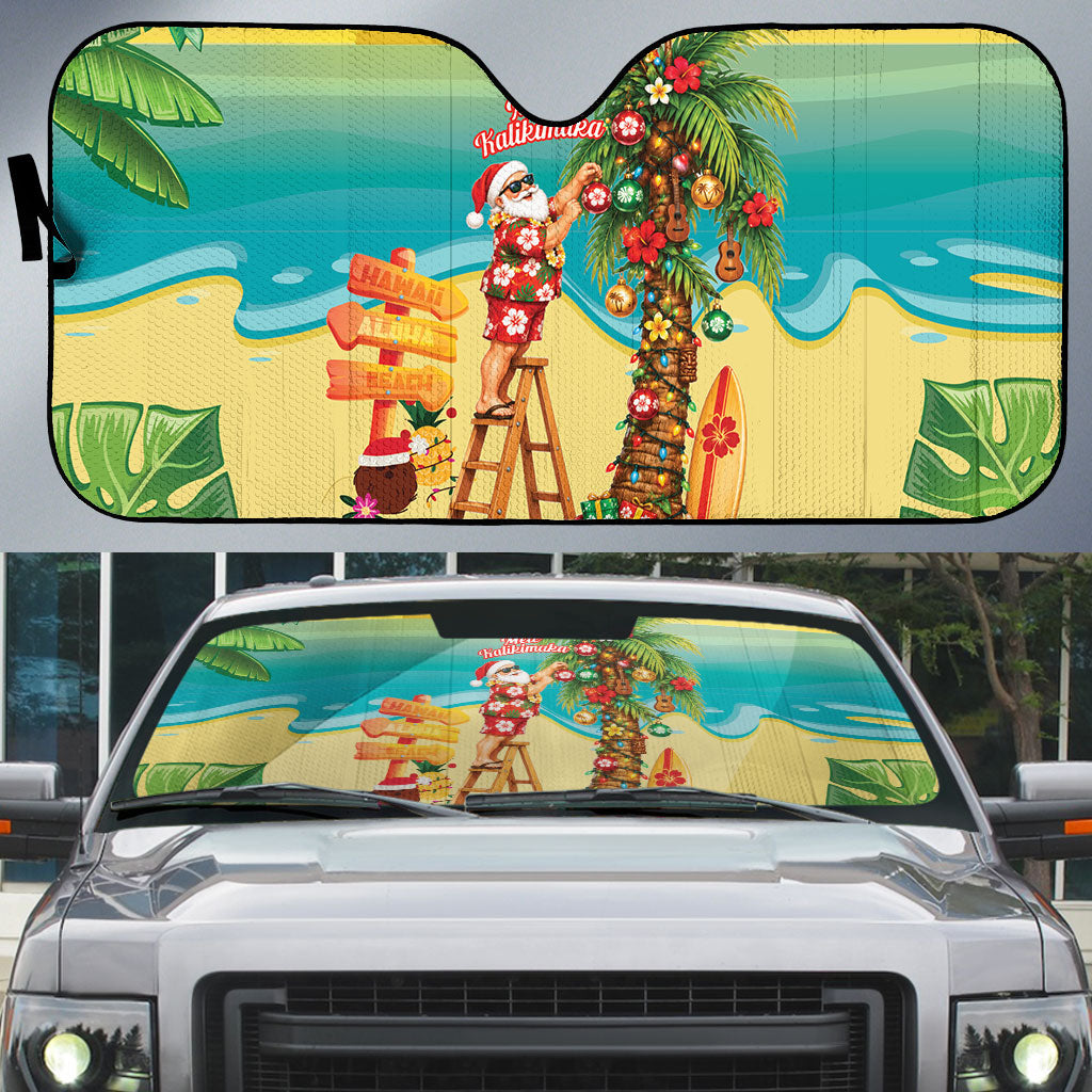 Hawaii Christmas Mele Kalikimaka Auto Sun Shade Santa Decorating Xmas Palm Tree Tropical Vibes LT14 Multicolor - Polynesian Pride