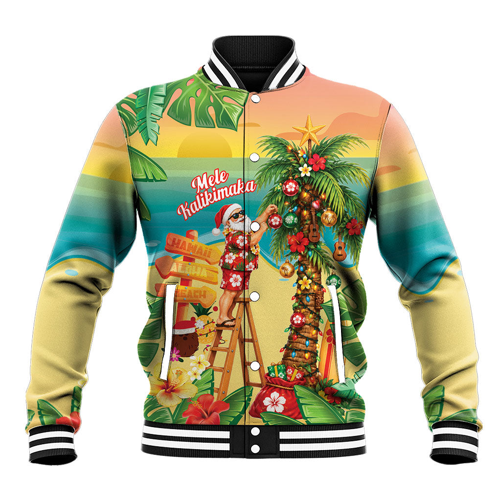 Hawaii Christmas Mele Kalikimaka Baseball Jacket Santa Decorating Xmas Palm Tree Tropical Vibes LT14 Unisex Multicolor - Polynesian Pride