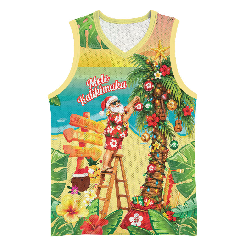 Hawaii Christmas Mele Kalikimaka Basketball Jersey Santa Decorating Xmas Palm Tree Tropical Vibes LT14 Unisex Multicolor - Polynesian Pride