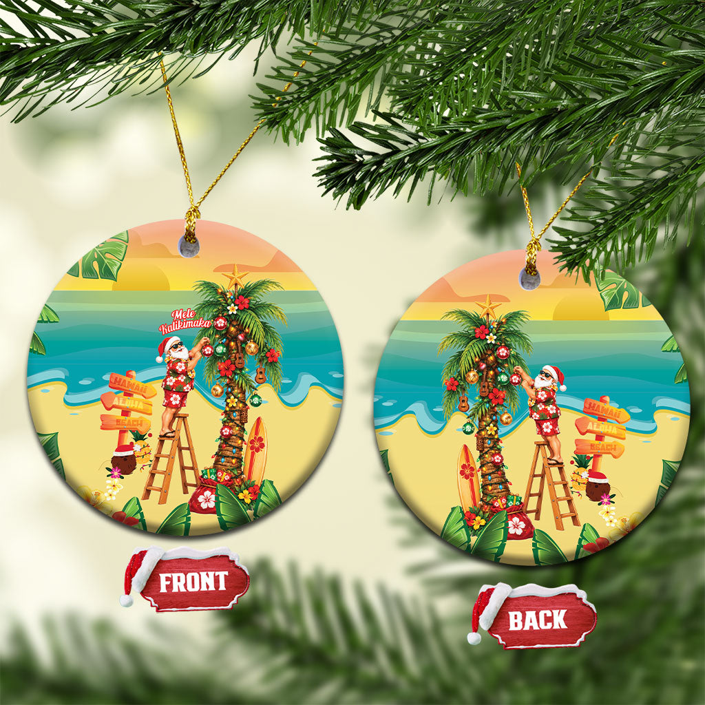 Hawaii Christmas Mele Kalikimaka Ceramic Ornament Santa Decorating Xmas Palm Tree Tropical Vibes LT14 Circle Multicolor - Polynesian Pride