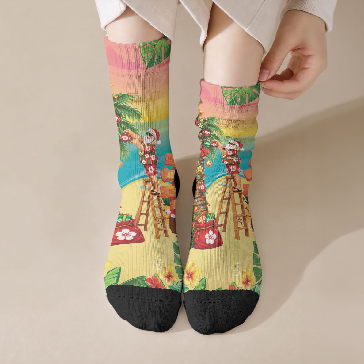 Hawaii Christmas Mele Kalikimaka Crew Socks Santa Decorating Xmas Palm Tree Tropical Vibes LT14 Crew Socks Multicolor - Polynesian Pride
